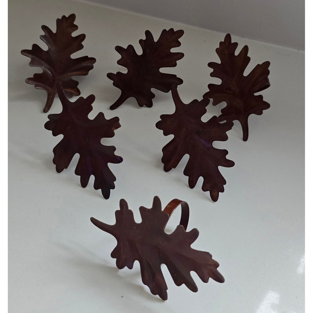 Set of 6 Rustic Metal Oak Leaf Napkin Rings Copper Bronze Fall Table Decor